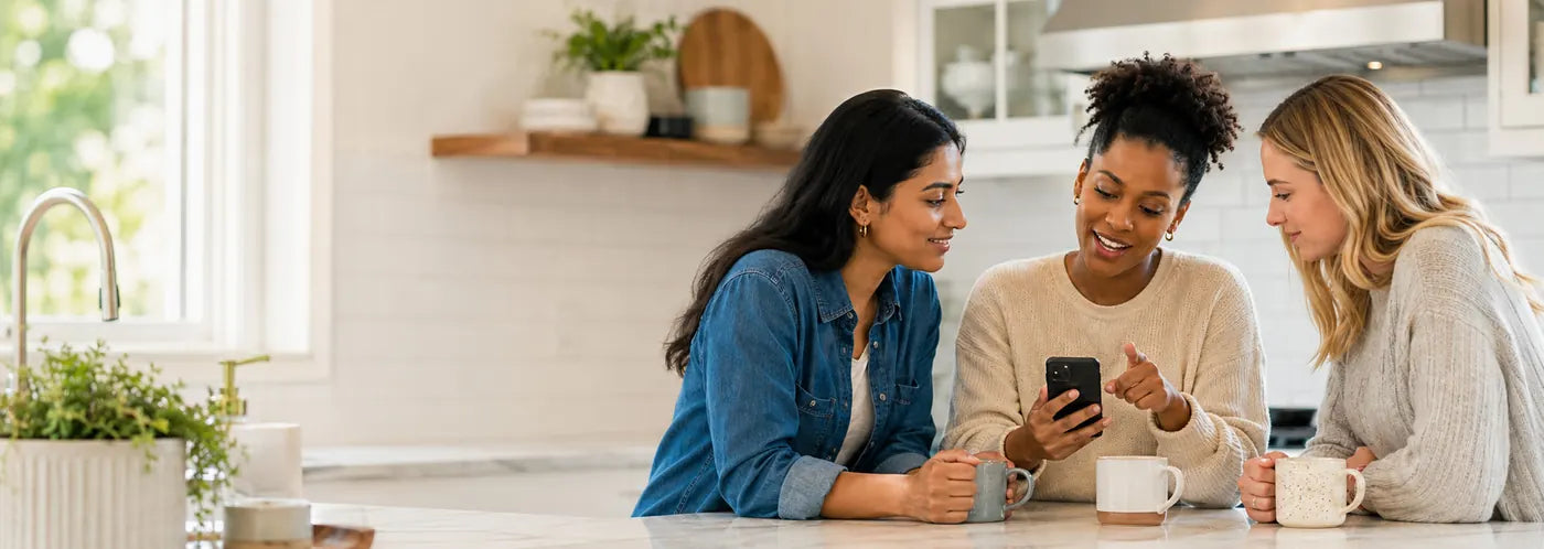 Three women chatting over coffee and looking at a phone