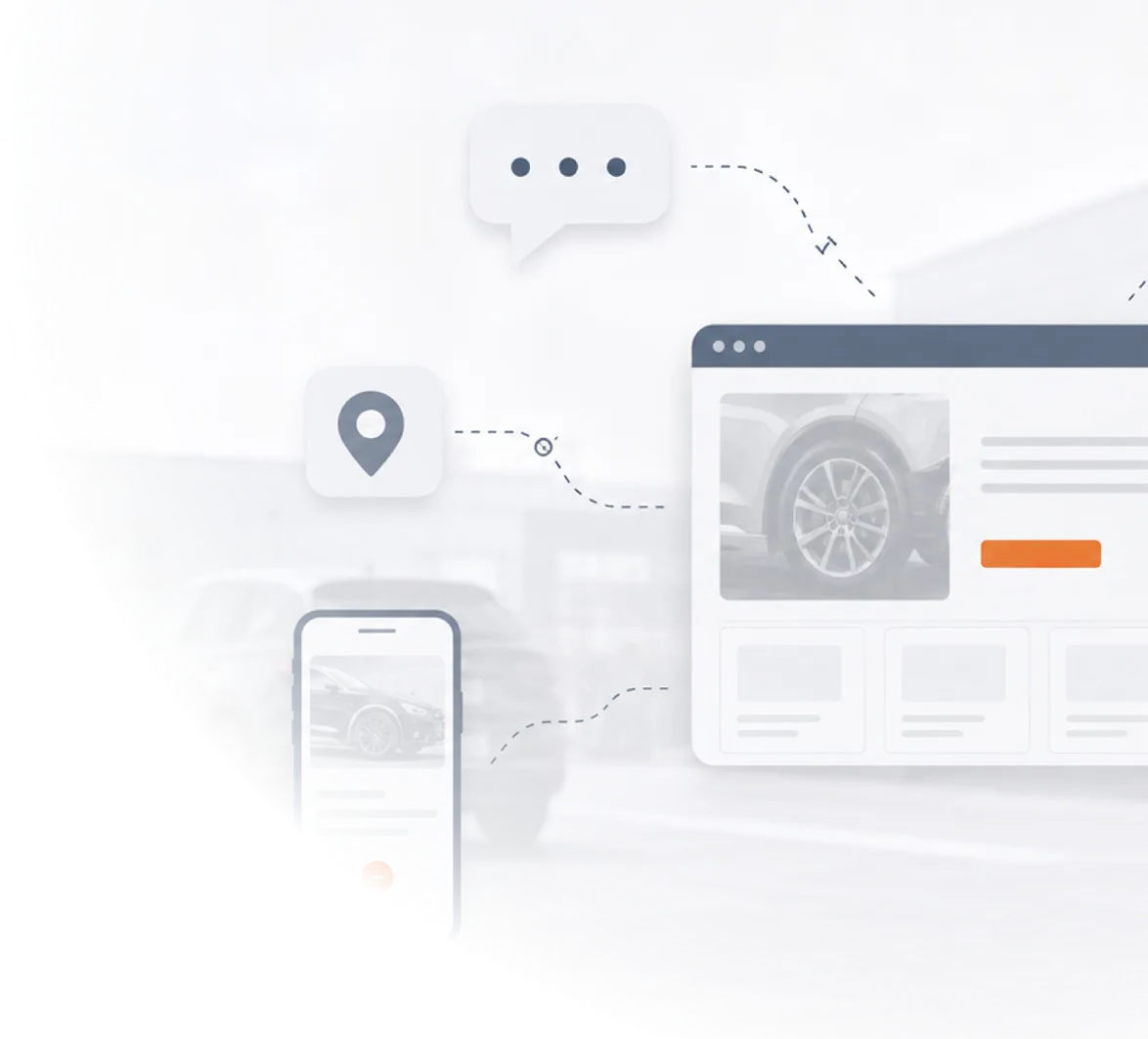 Illustration of a website, phone, map pin and chat bubble connected by dotted lines