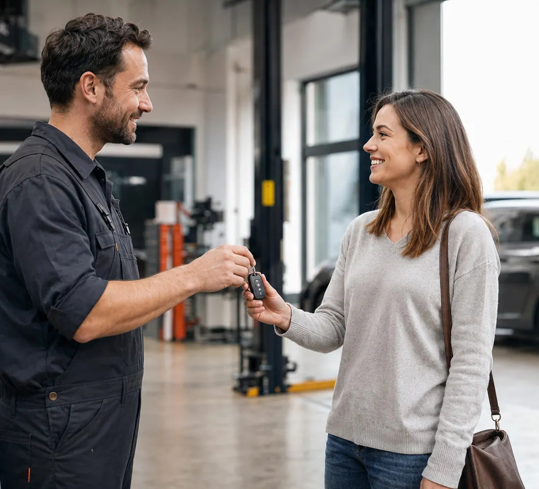 Mechanic handing car keys back to a smiling customer